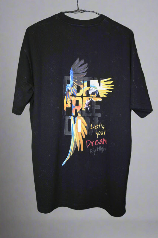 Gesili Chicano Acid Wash Tee – Back Parrot Print Drop Shoulder